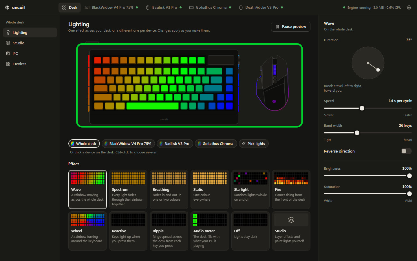 The desktop app’s Lighting page, on demo data